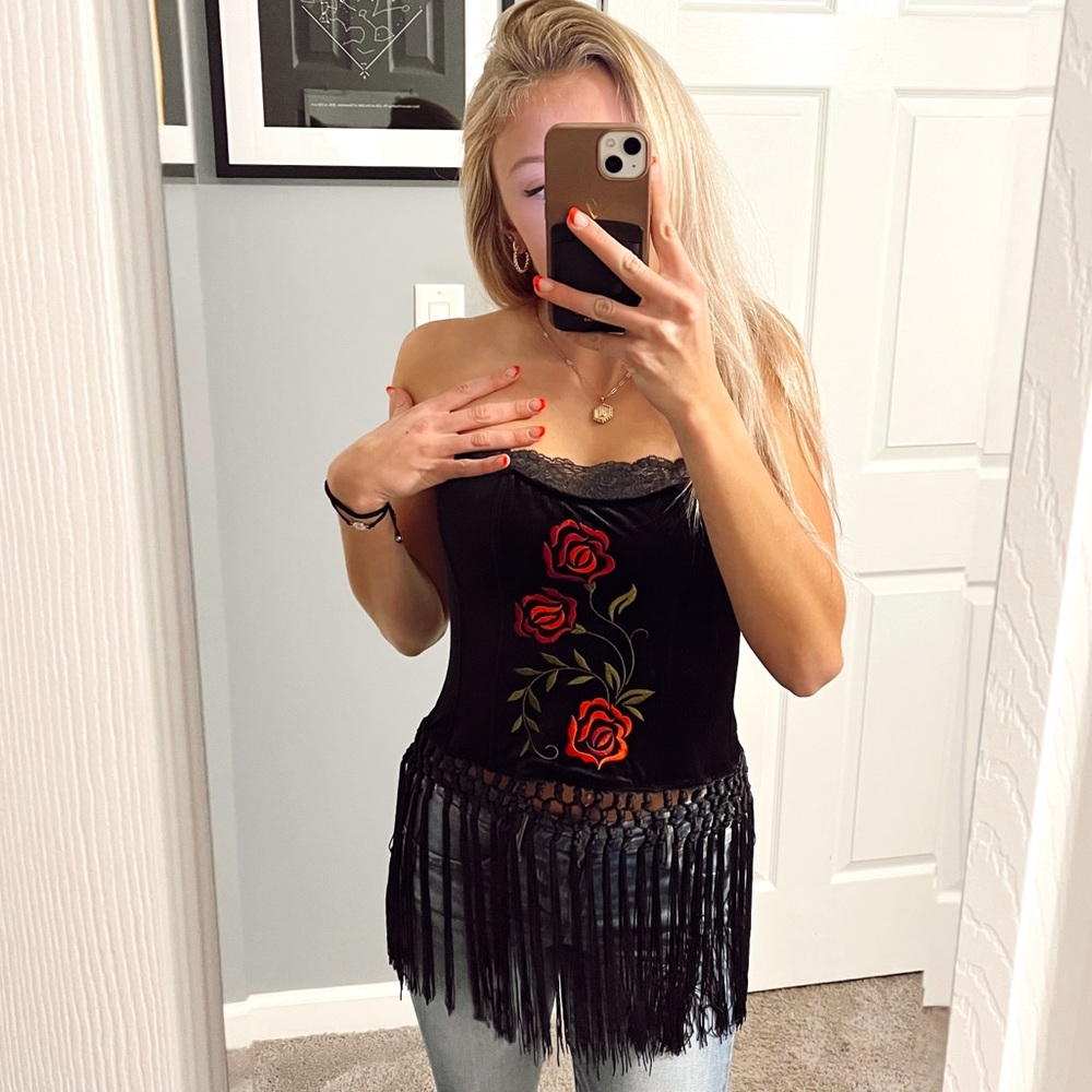 Victorias Secret black velvet rose tassel corset top Vintage NWT